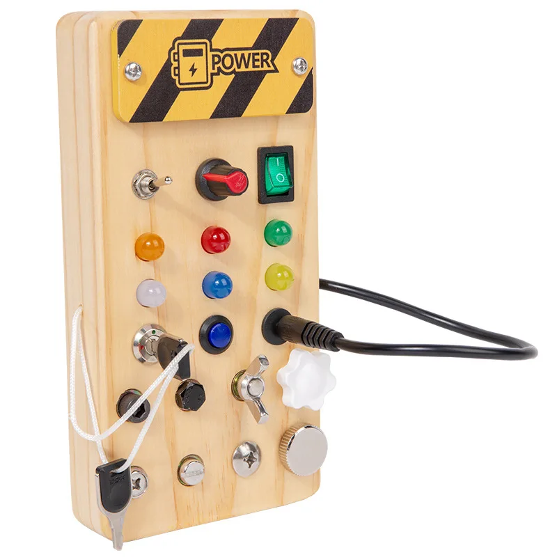 Wooden Busy Board with LED Light Switch Socket Kids Early Learning Educational Toy Hands-On Brain Development Physical Training