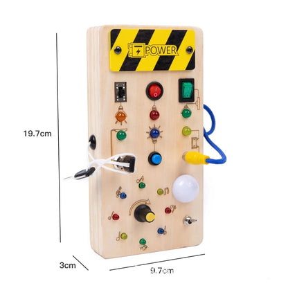 Wooden Busy Board with LED Light Switch Socket Kids Early Learning Educational Toy Hands-On Brain Development Physical Training